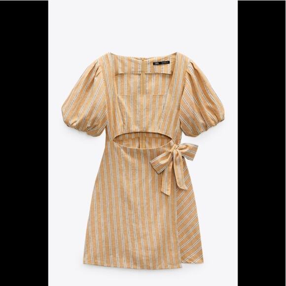 ZARA Linen Blend Striped Yellow/White Mini Cut Out Tie Waist Dress Women Sz L - Picture 15 of 15